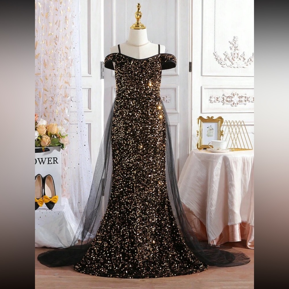 Elegant Black Velvet & Gold Sequin Off-Shoulder Gown w/ Tulle or Mesh Train